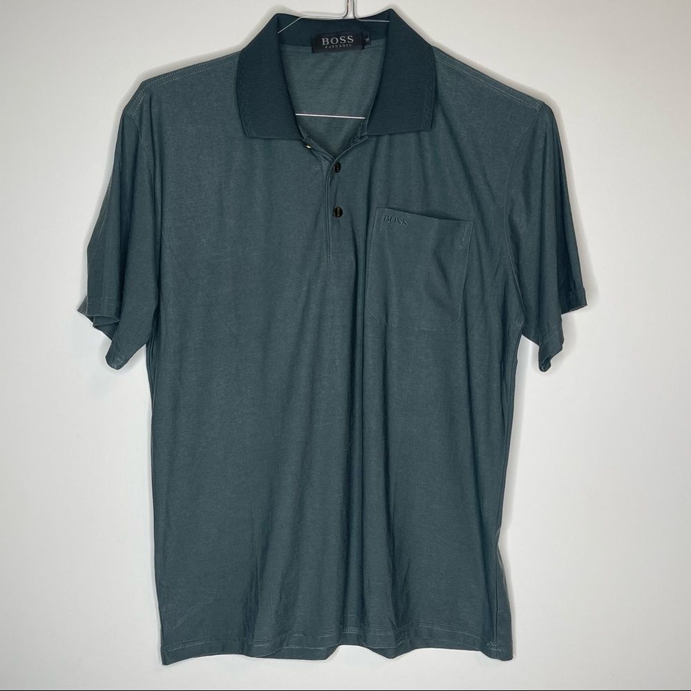 Hugo Boss Charcoal Gray Short Sleeve Pocket Polo Size Medium 100% Silk